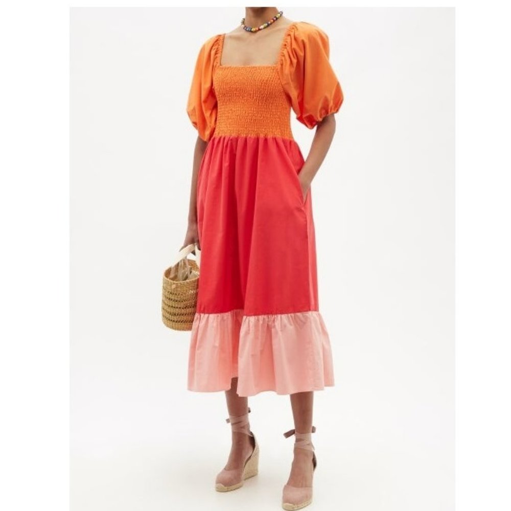 RHODE Eloise Colorblock Smocked Strawberry Multi Midi Dress